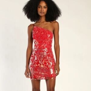 lulus Mesmerizing Shine Iridescent Sequin Red One Shoulder Mini Dress Size Med